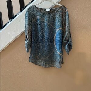 Akris Punto Solar Print Blue and Tan Silk Blouse